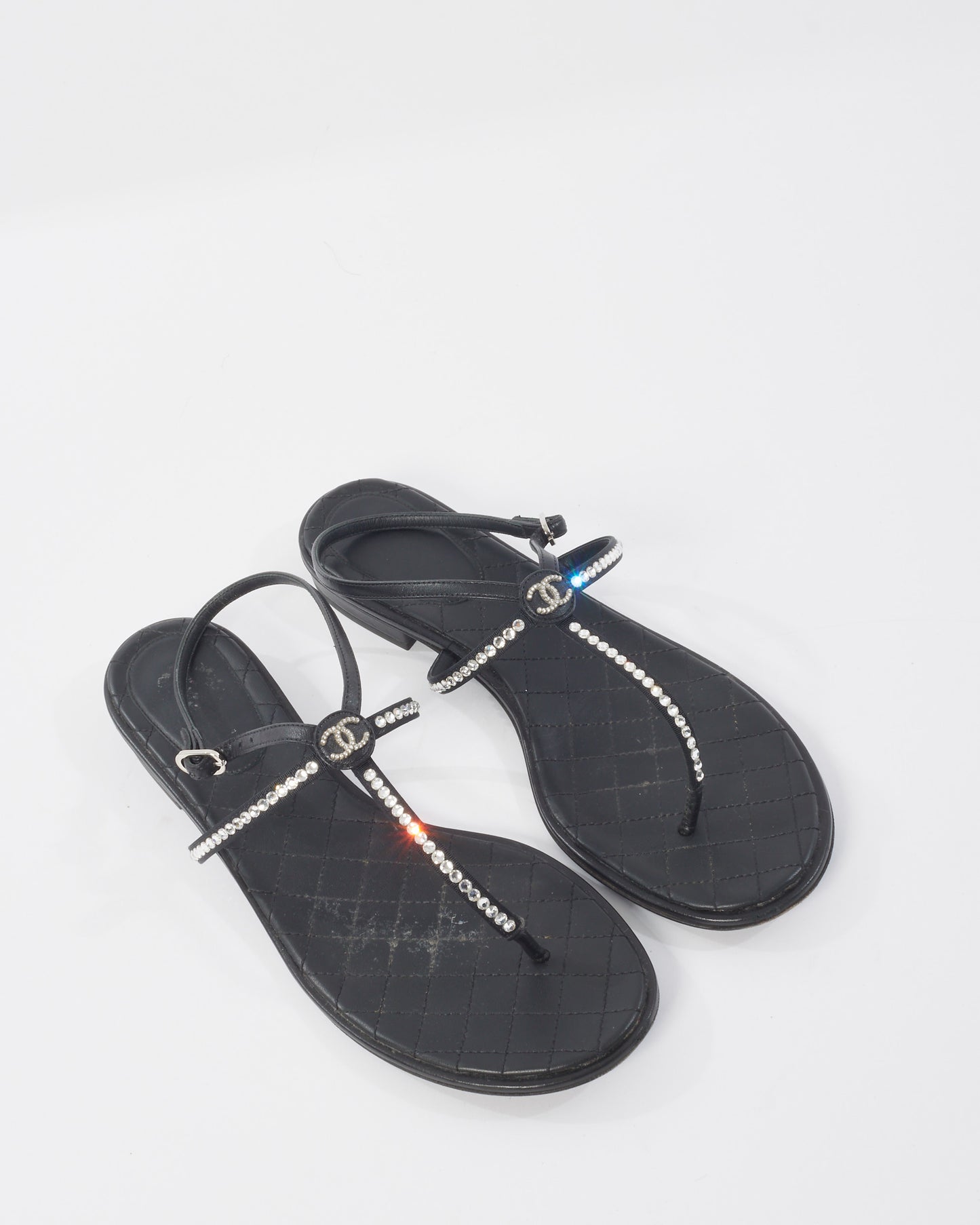 Chanel Black 
Rhinestone Logo Thong Strappy Sandals - 40