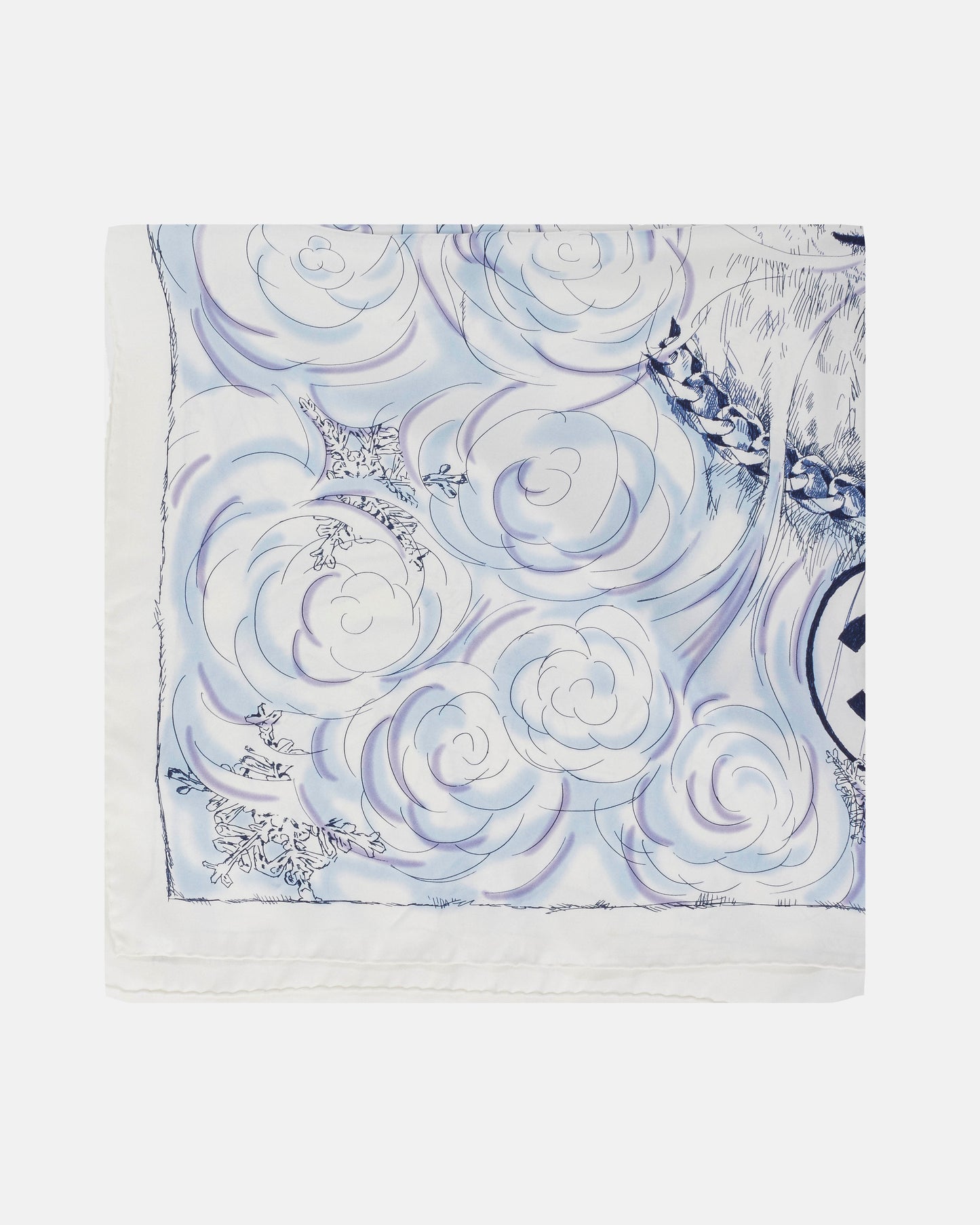 Chanel White 
Blue Polar Bear Camellia Logo Silk Scarf