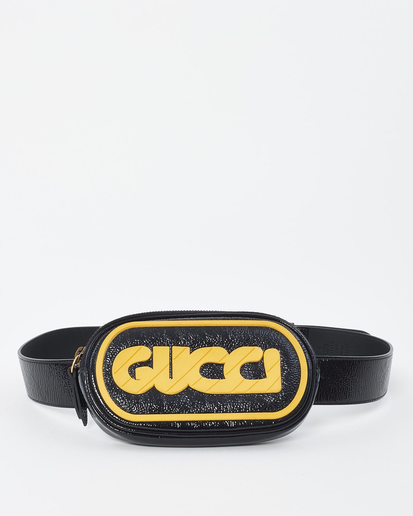 Gucci Black 
Yellow Logo Patent Leather Game Patch Belt Bag - 90/36