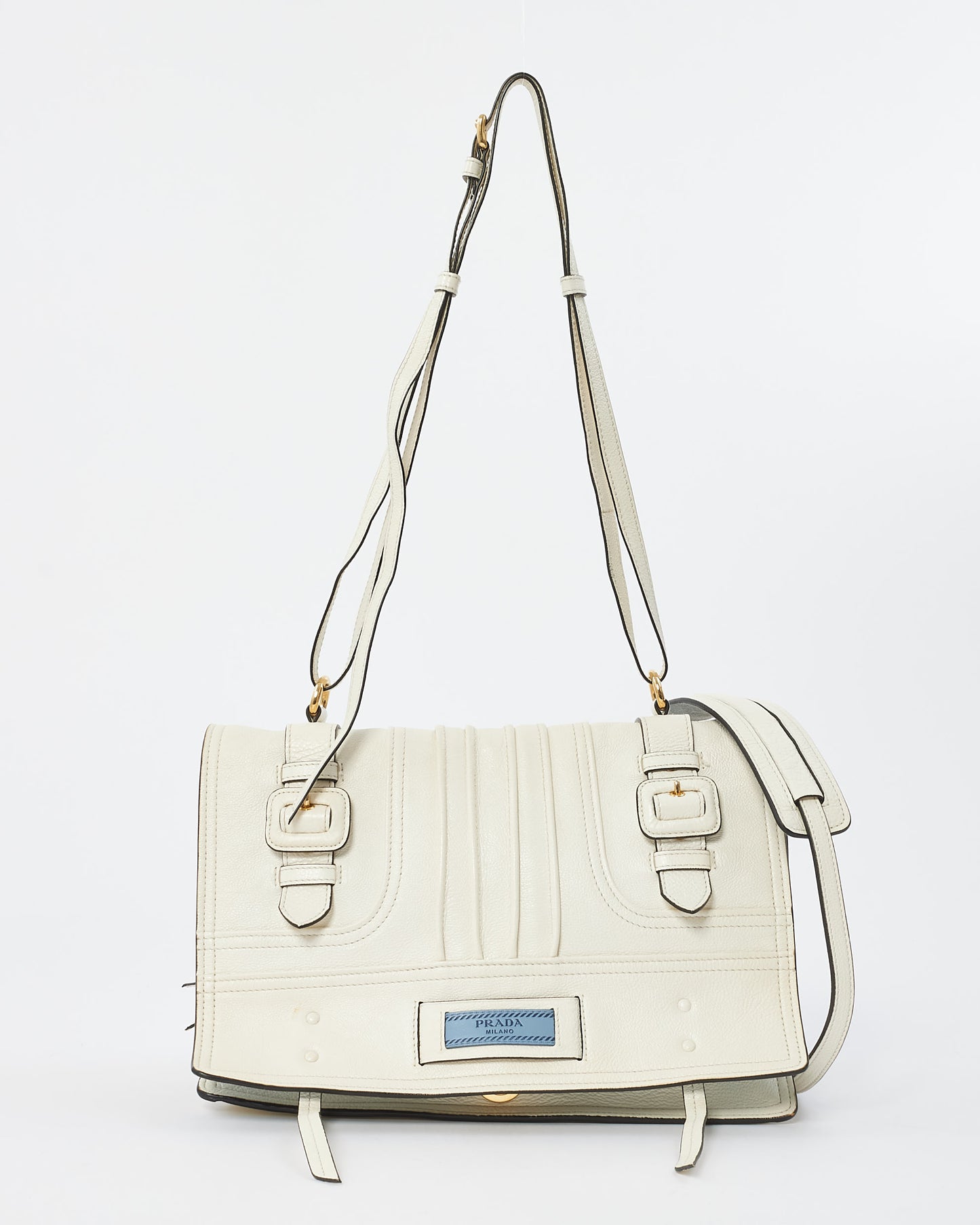 Prada White Leather Medium Etiquette Patch Buckle Shoulder Bag