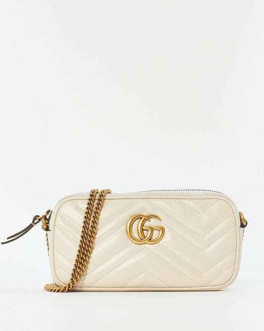 Gucci White Leather GG Marmont Mini Flat Crossbody Bag