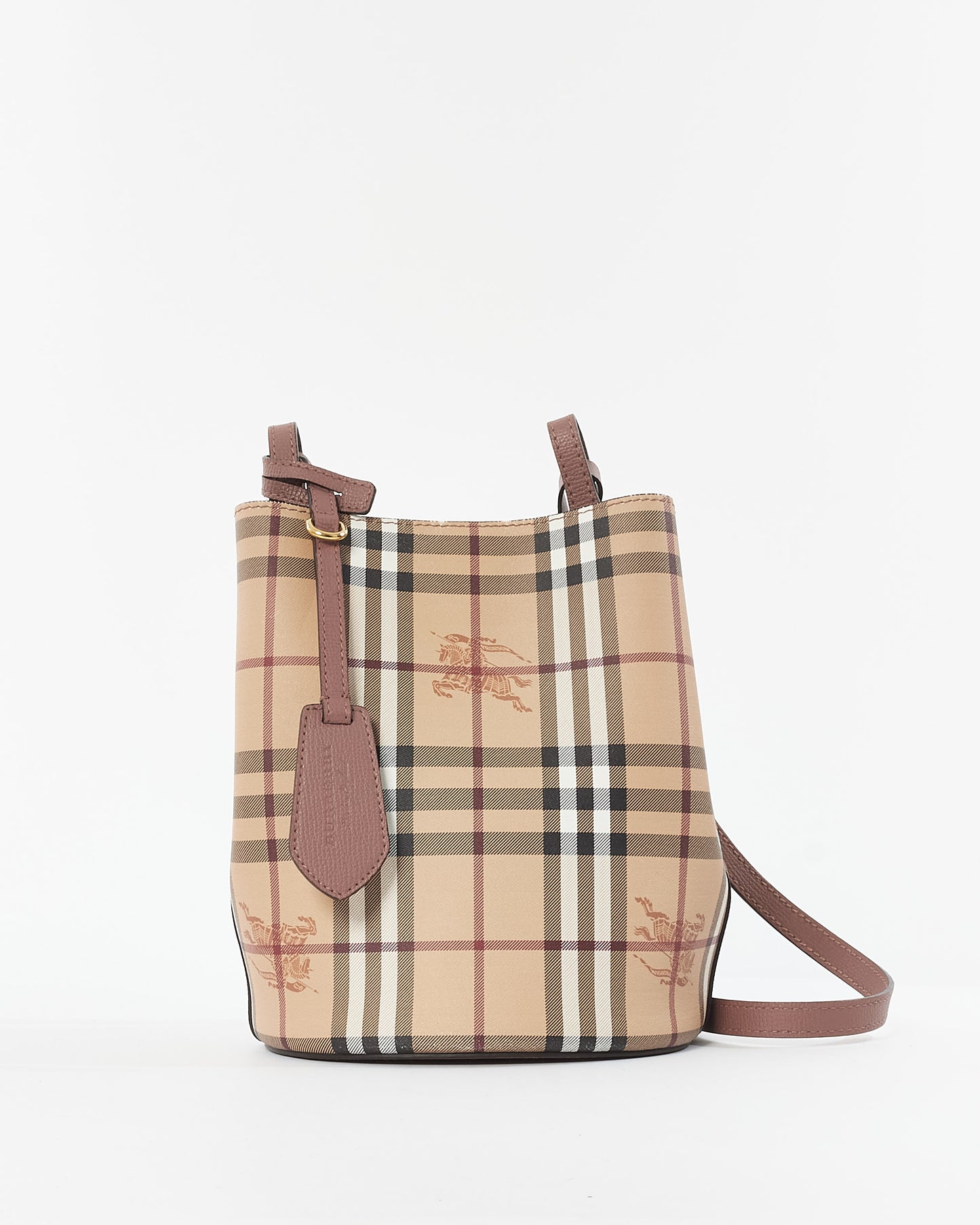 Burberry Haymarket Check Coated Canvas 
Blush Small Lorne Bucket Bag