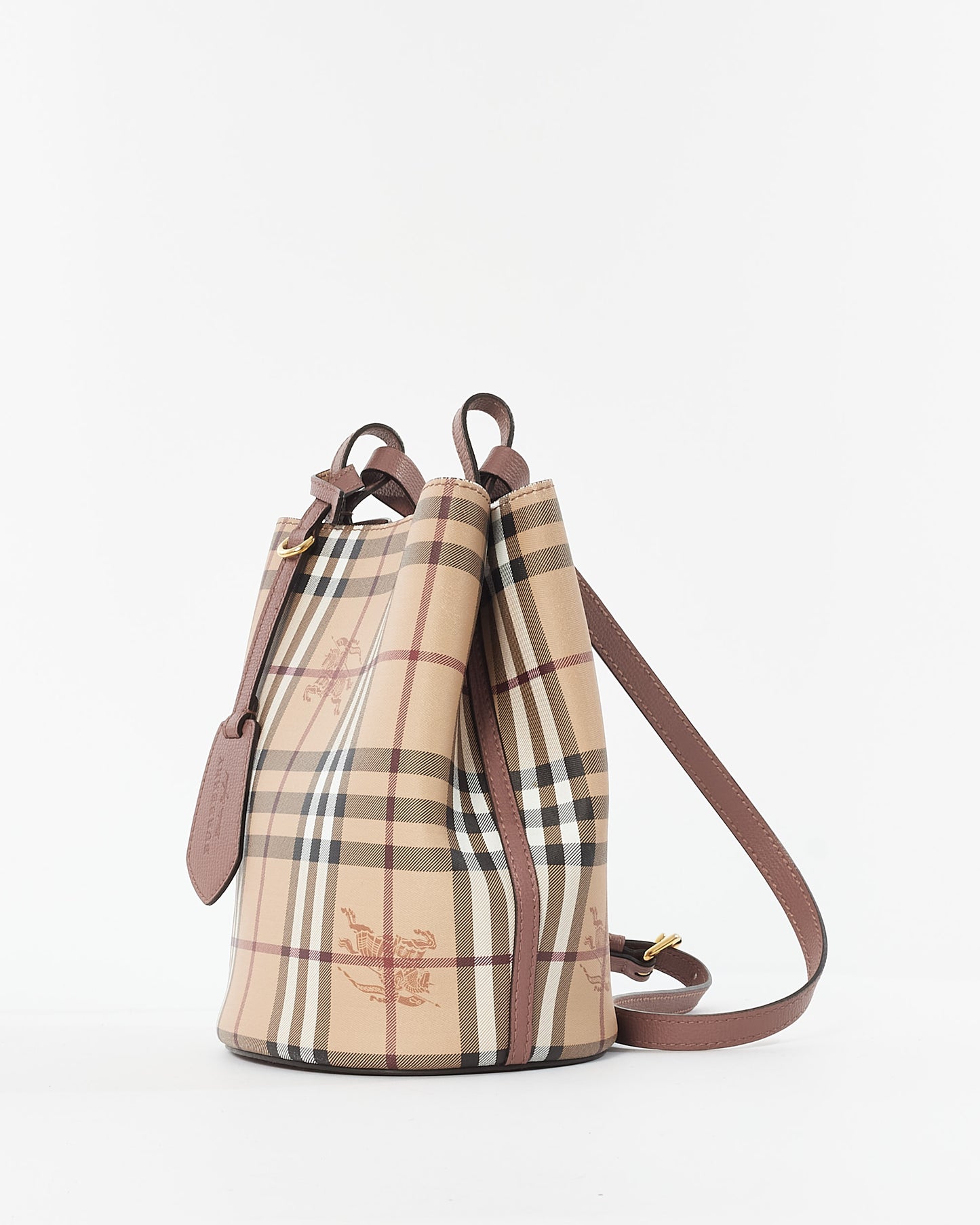 Burberry Haymarket Check Coated Canvas 
Blush Small Lorne Bucket Bag