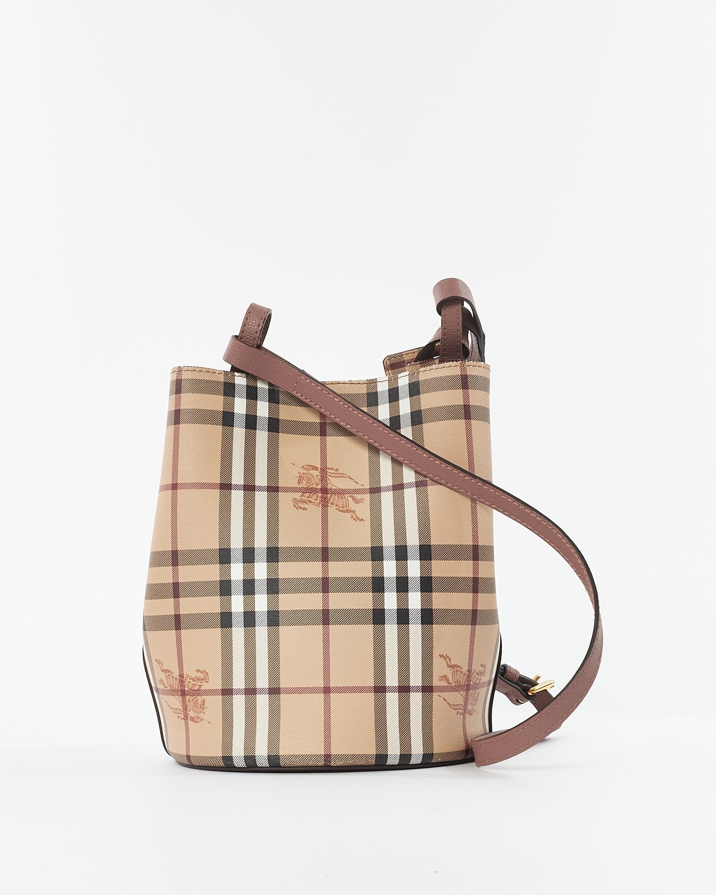 Burberry Haymarket Check Coated Canvas 
Blush Small Lorne Bucket Bag