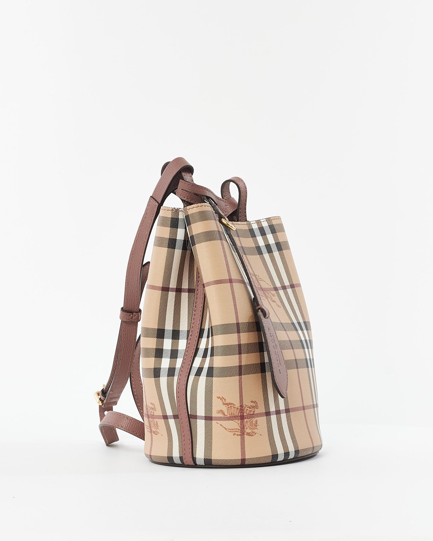 Burberry Haymarket Check Coated Canvas 
Blush Small Lorne Bucket Bag