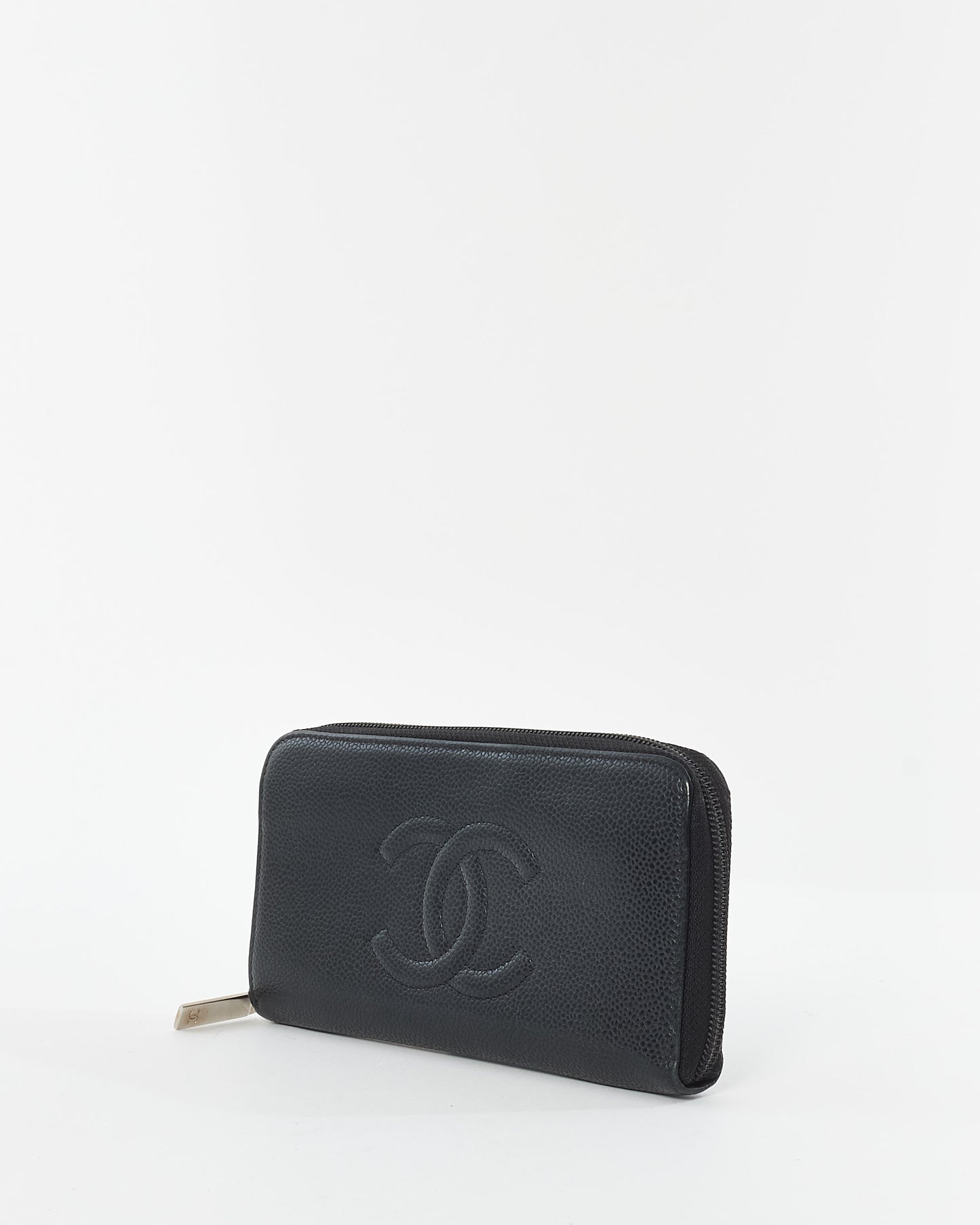 Chanel Black Caviar Leather Embossed Logo Long Zip Wallet