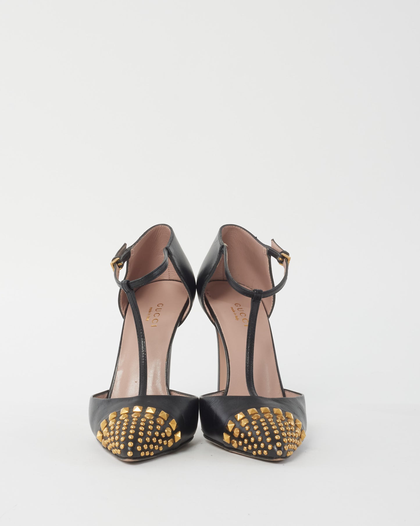 Gucci Black Leather 
Gold Stud Ankle Strap Pumps - 36.5