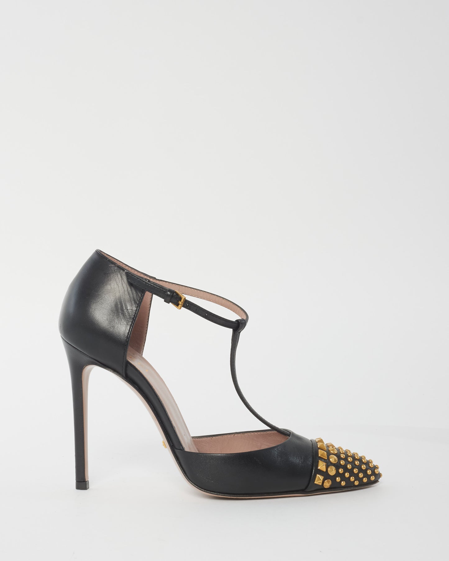 Gucci Black Leather 
Gold Stud Ankle Strap Pumps - 36.5