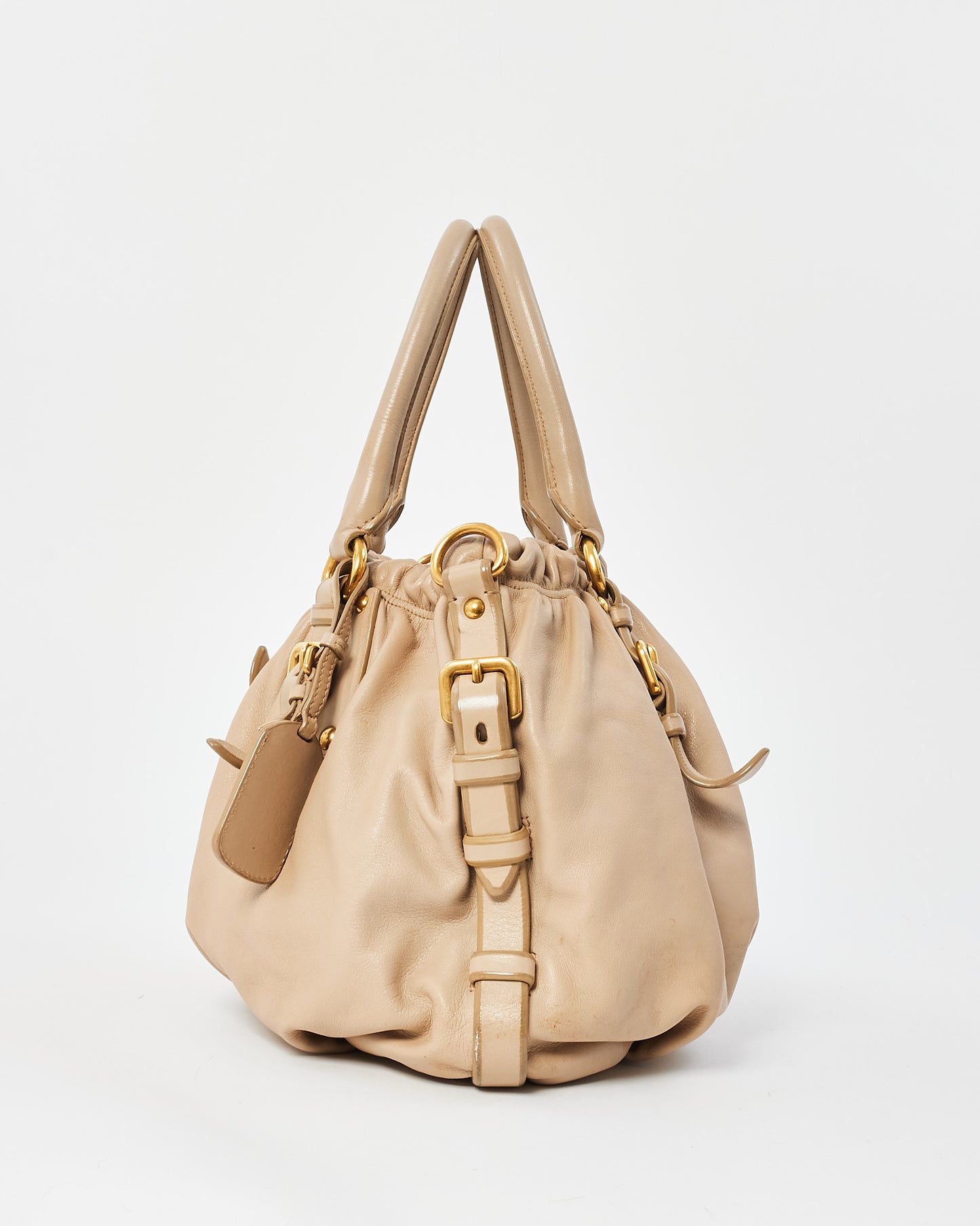 Prada Light Beige Soft Calfskin Napa Leather Convertible Belted Satchel Bag