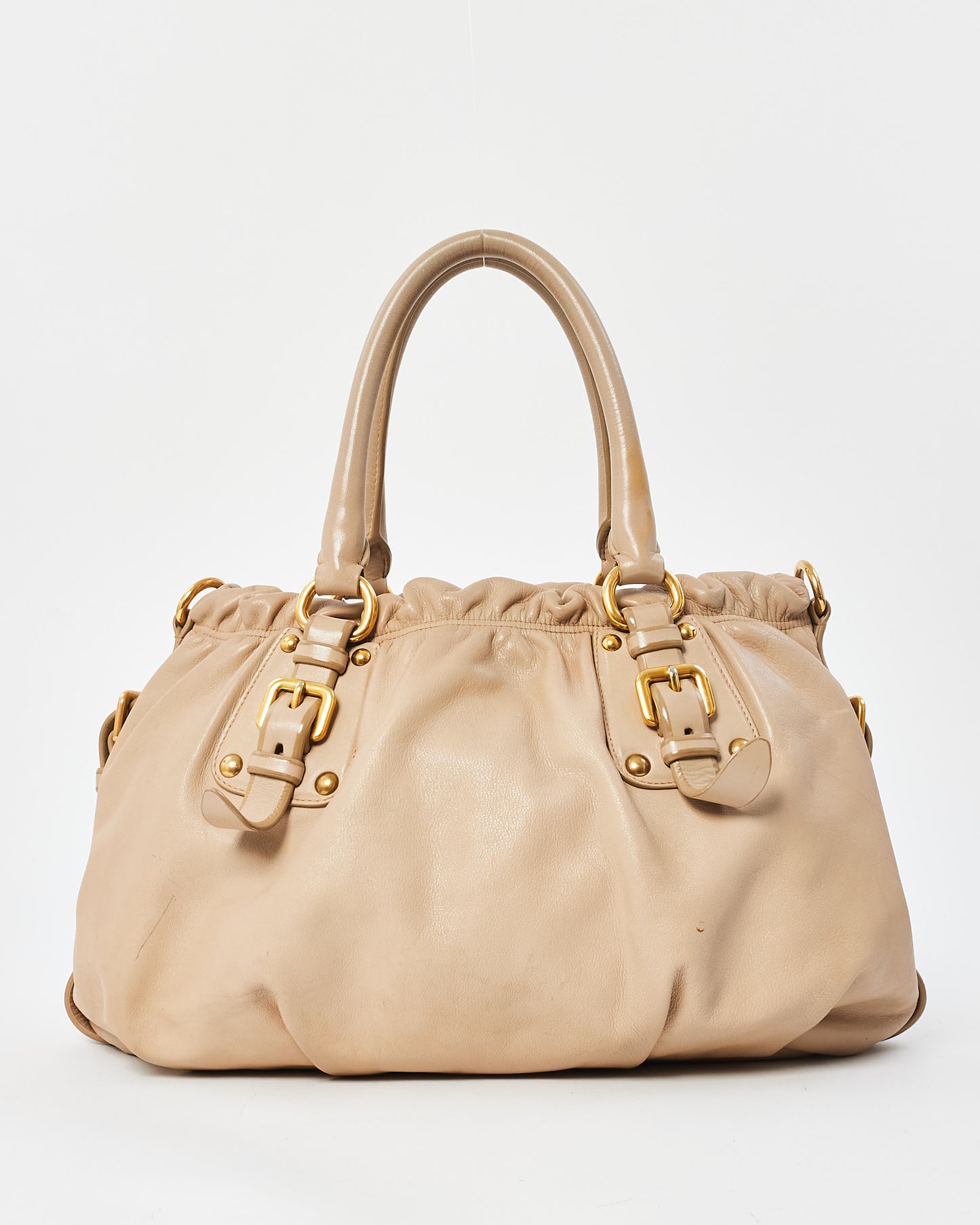 Prada Light Beige Soft Calfskin Napa Leather Convertible Belted Satchel Bag