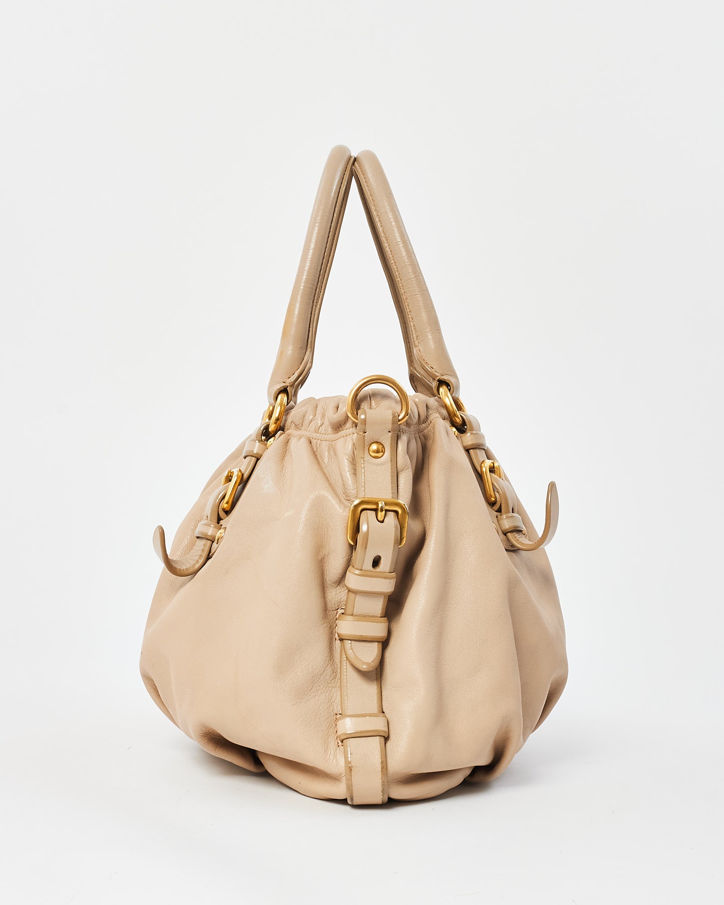 Prada Light Beige Soft Calfskin Napa Leather Convertible Belted Satchel Bag