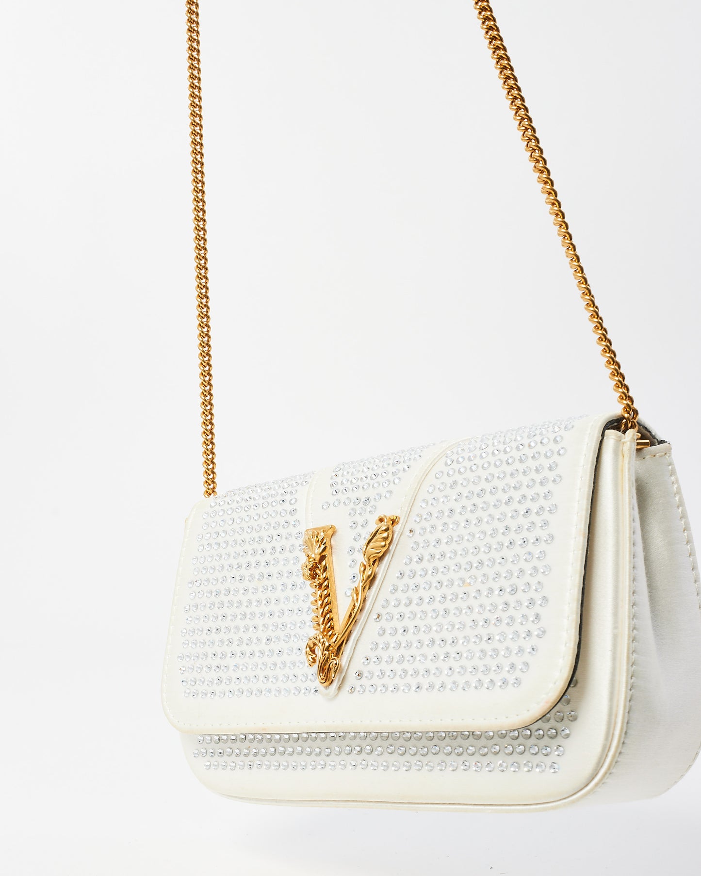 Versace White Satin Rhinestone Virtus Crossbody Bag