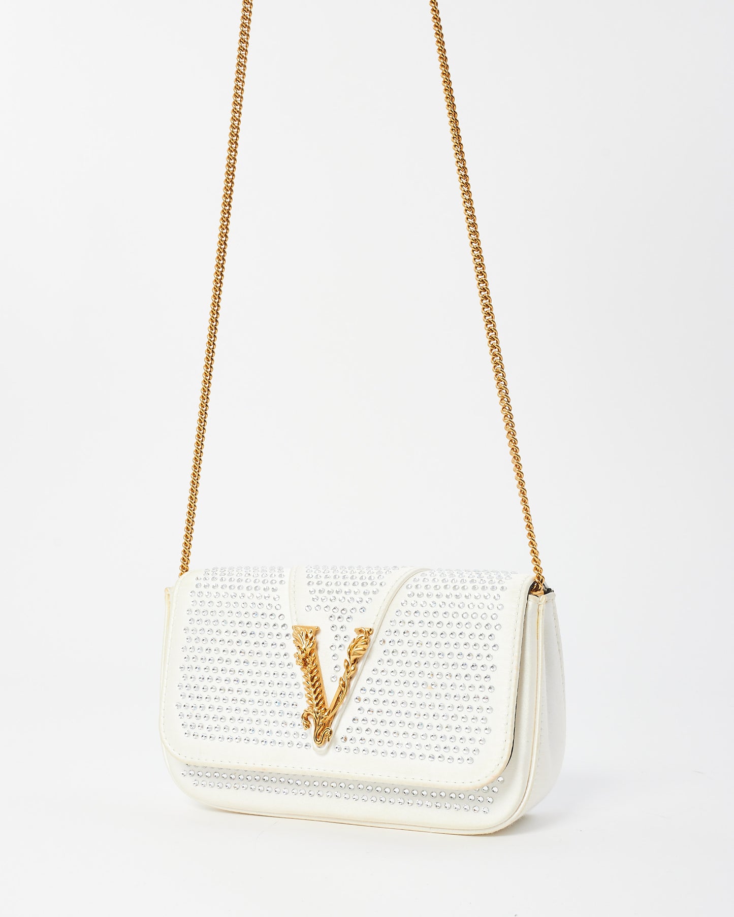 Versace White Satin Rhinestone Virtus Crossbody Bag