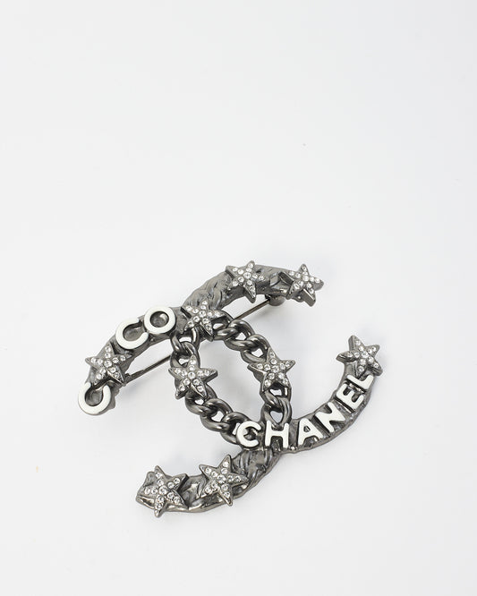 Chanel A22P Matte Silver Tone CC Logo Star Crystal White Enamel Pin Brooch