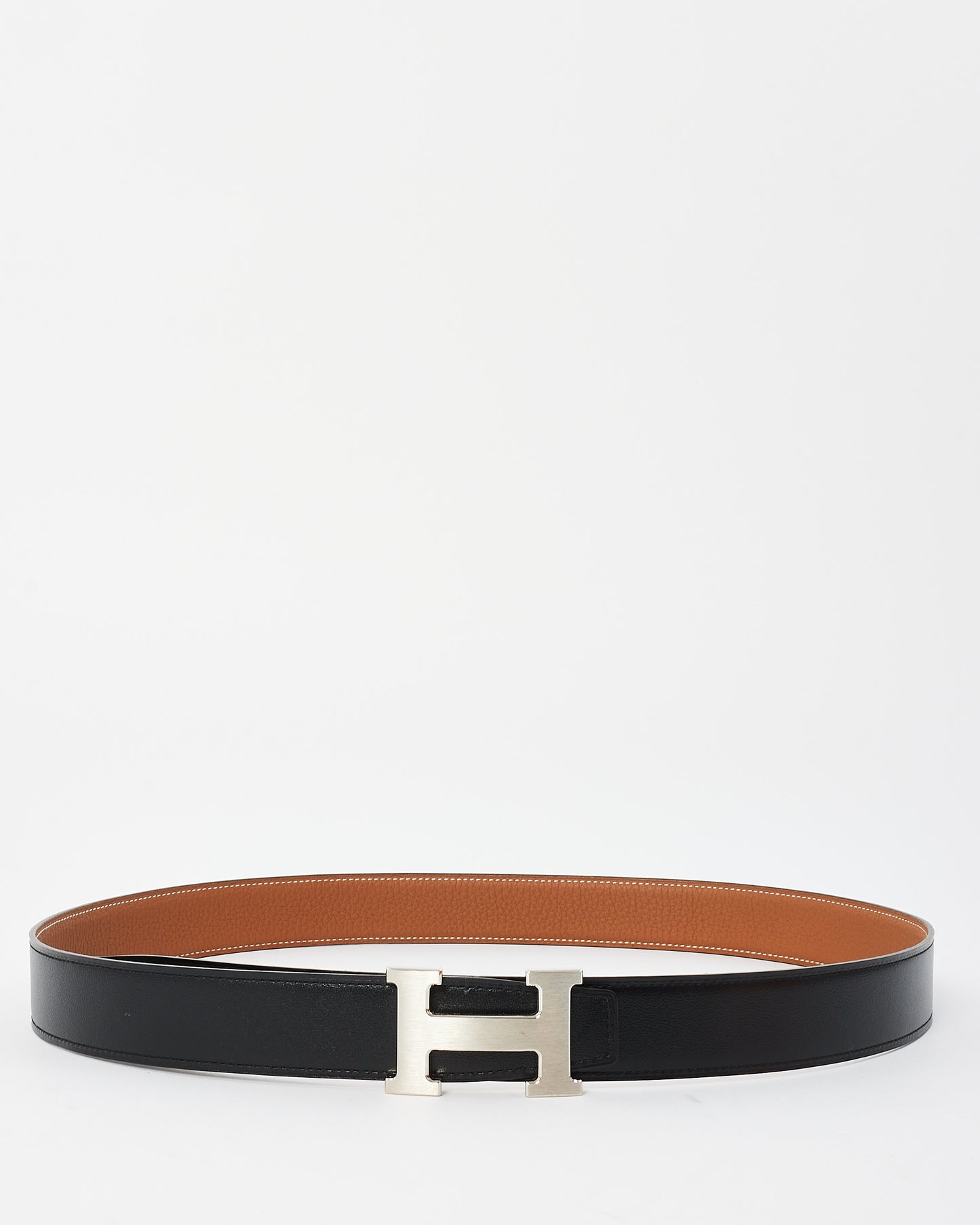 Hermes Gold/Black Clemence 
Swift Leather Reversible Palladium H Logo Belt - 100