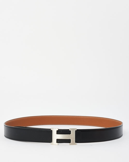 Hermes Gold/Black Clemence 
Swift Leather Reversible Palladium H Logo Belt - 100