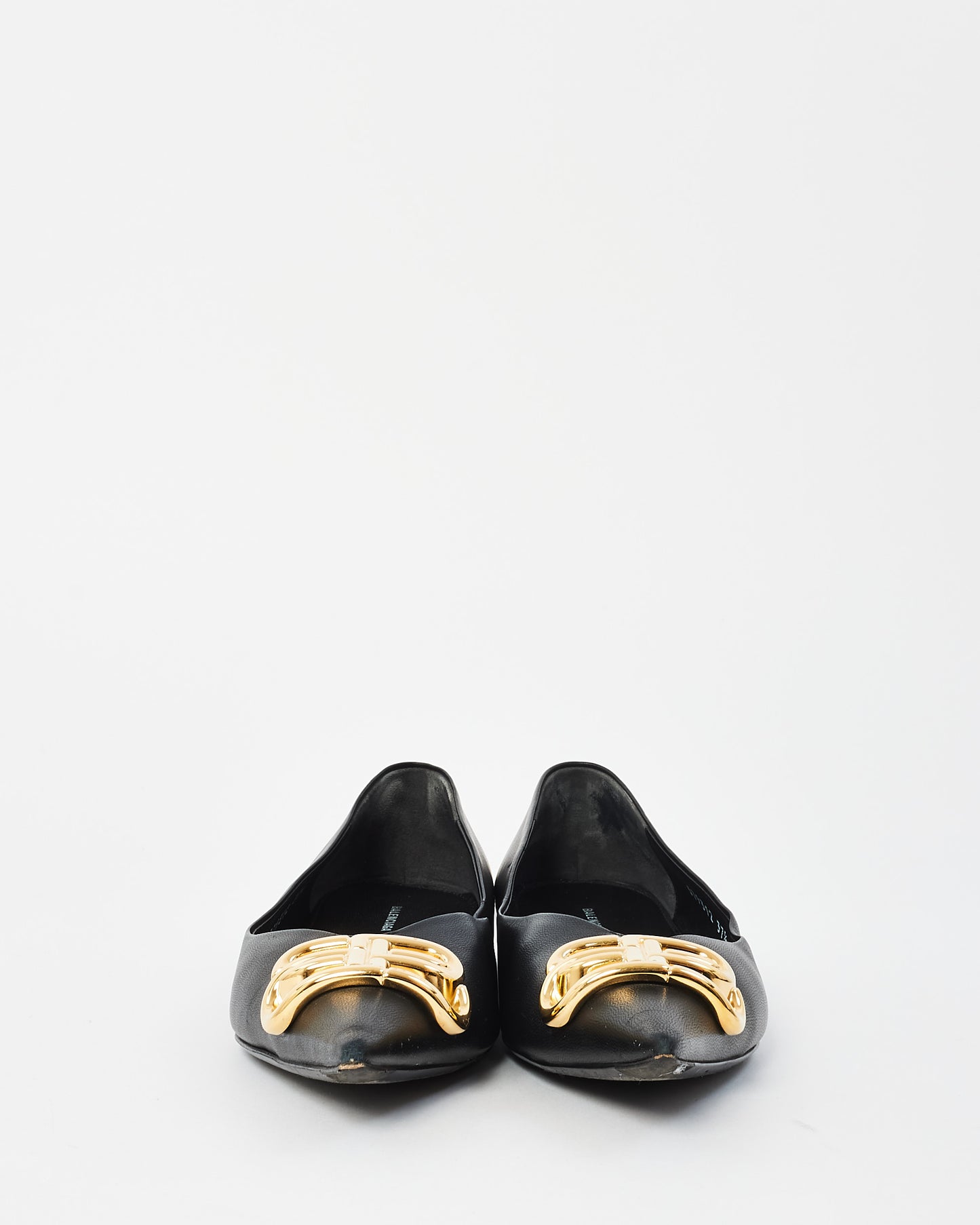 Balenciaga Black Leather Square Knife Gold Logo Flats - 37.5