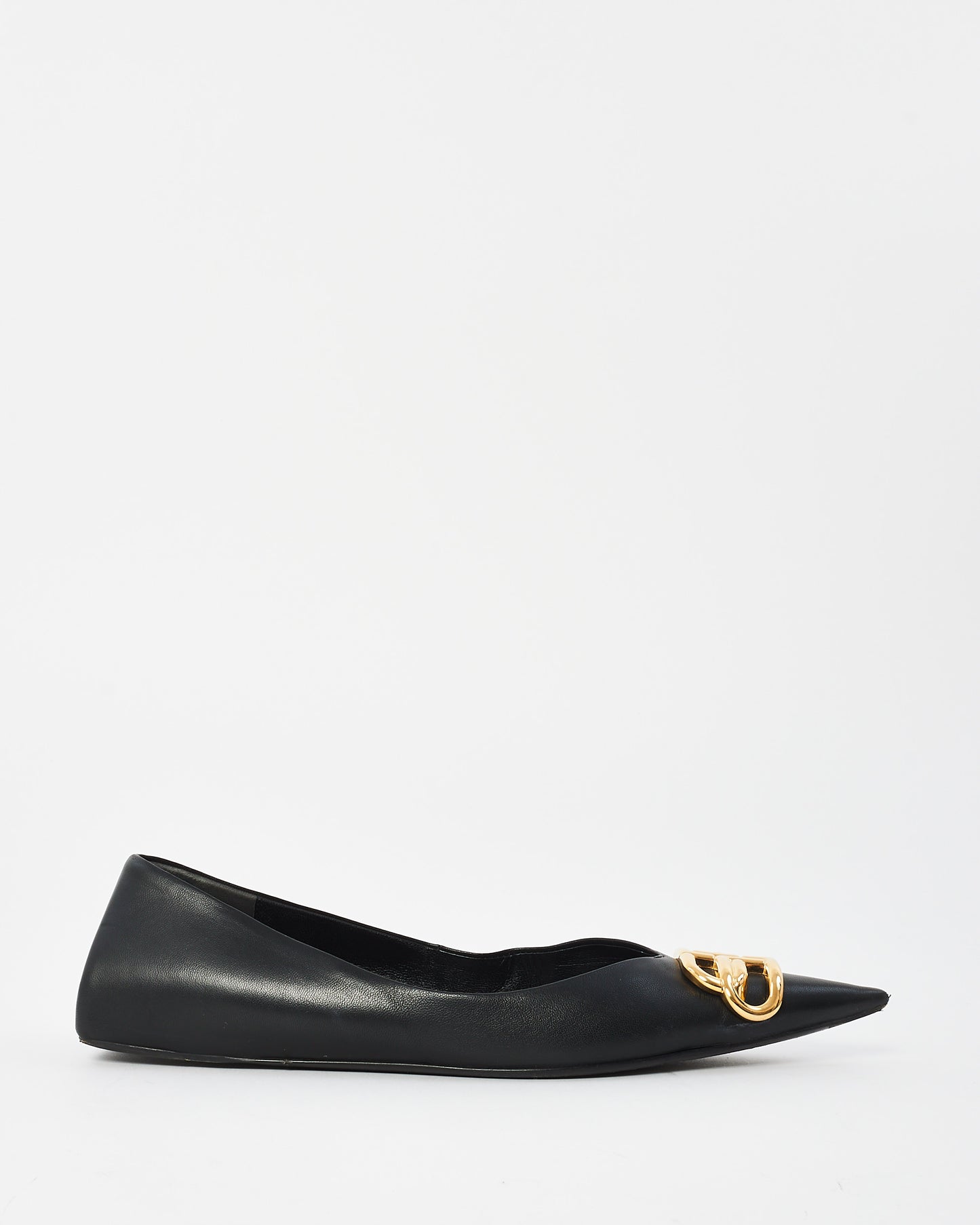 Balenciaga Black Leather Square Knife Gold Logo Flats - 37.5