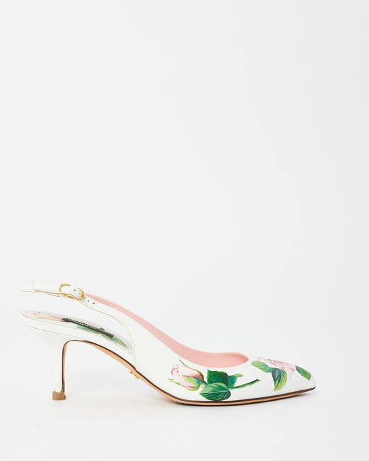 Dolce 
Gabbana White Floral Leather Slingback Pumps - 38