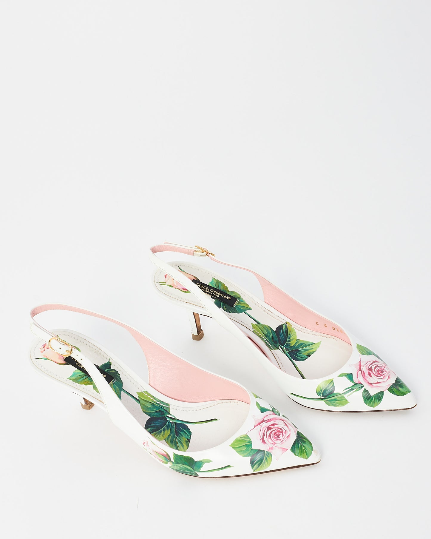 Dolce 
Gabbana White Floral Leather Slingback Pumps - 38