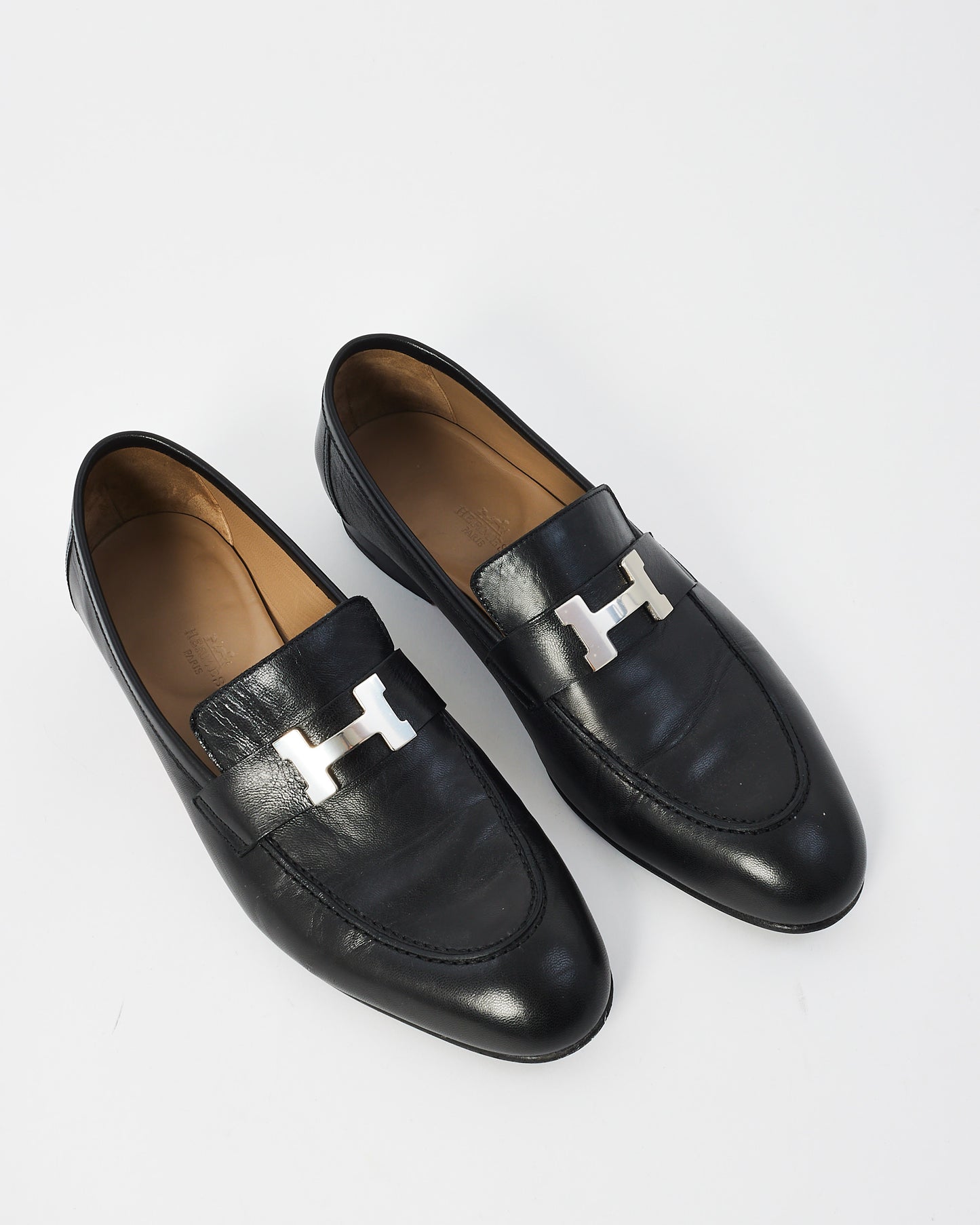 Hermès Men
s Black Leather Paris H  Loafers - 43