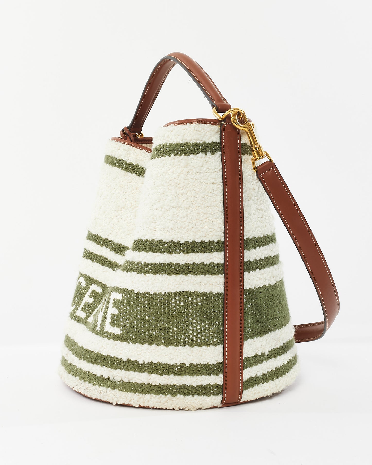 Celine Green 
White Striped Tweed and Leather Logo Bucket Seau 16 Bag