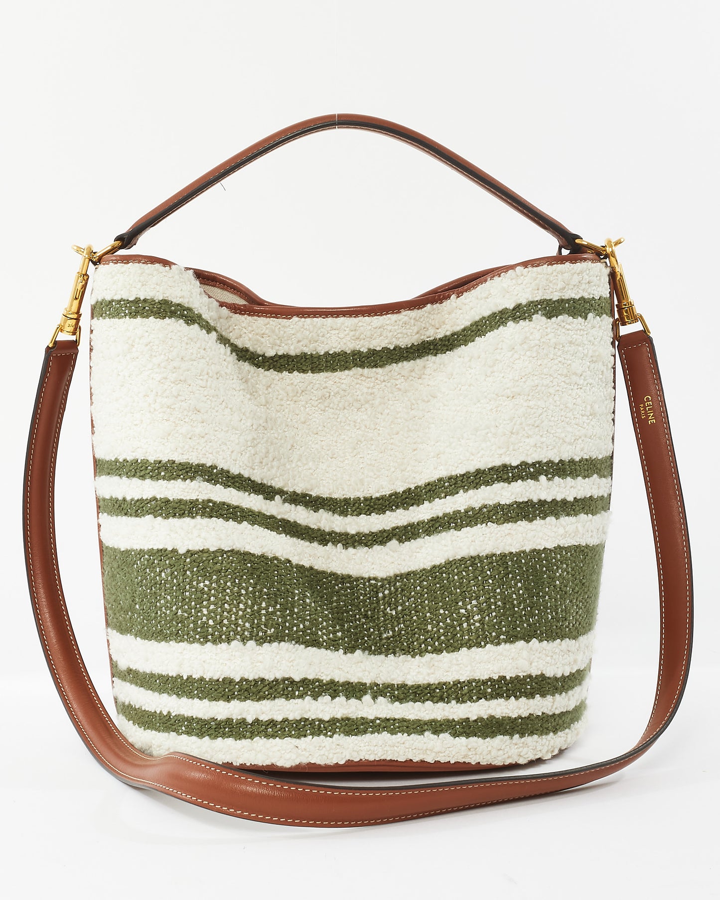 Celine Green 
White Striped Tweed and Leather Logo Bucket Seau 16 Bag