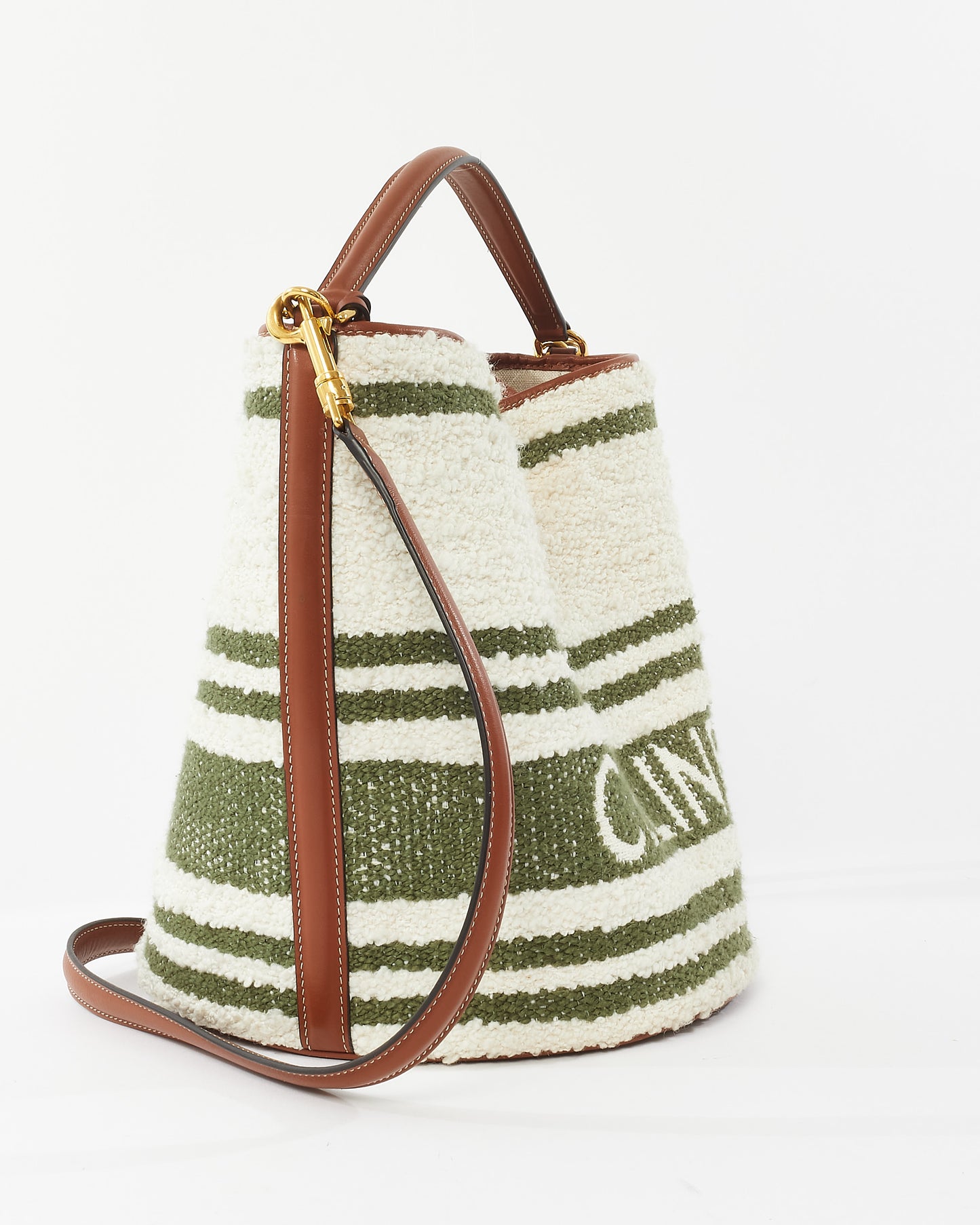 Celine Green 
White Striped Tweed and Leather Logo Bucket Seau 16 Bag