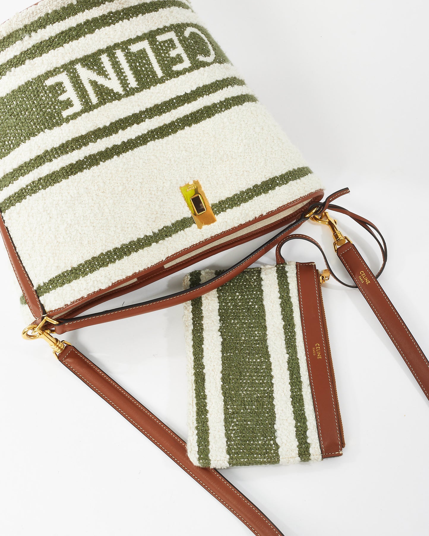 Celine Green 
White Striped Tweed and Leather Logo Bucket Seau 16 Bag