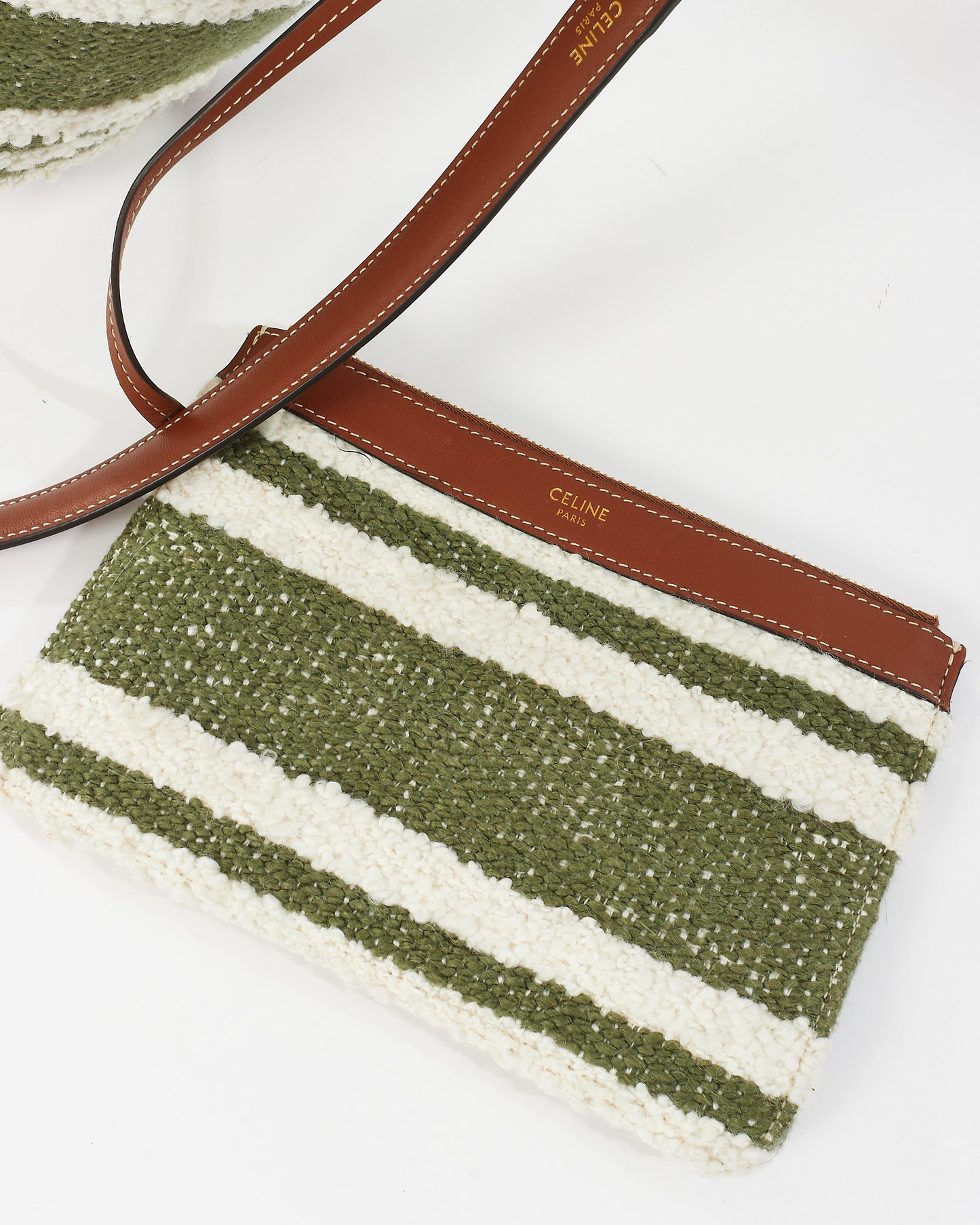 Celine Green 
White Striped Tweed and Leather Logo Bucket Seau 16 Bag