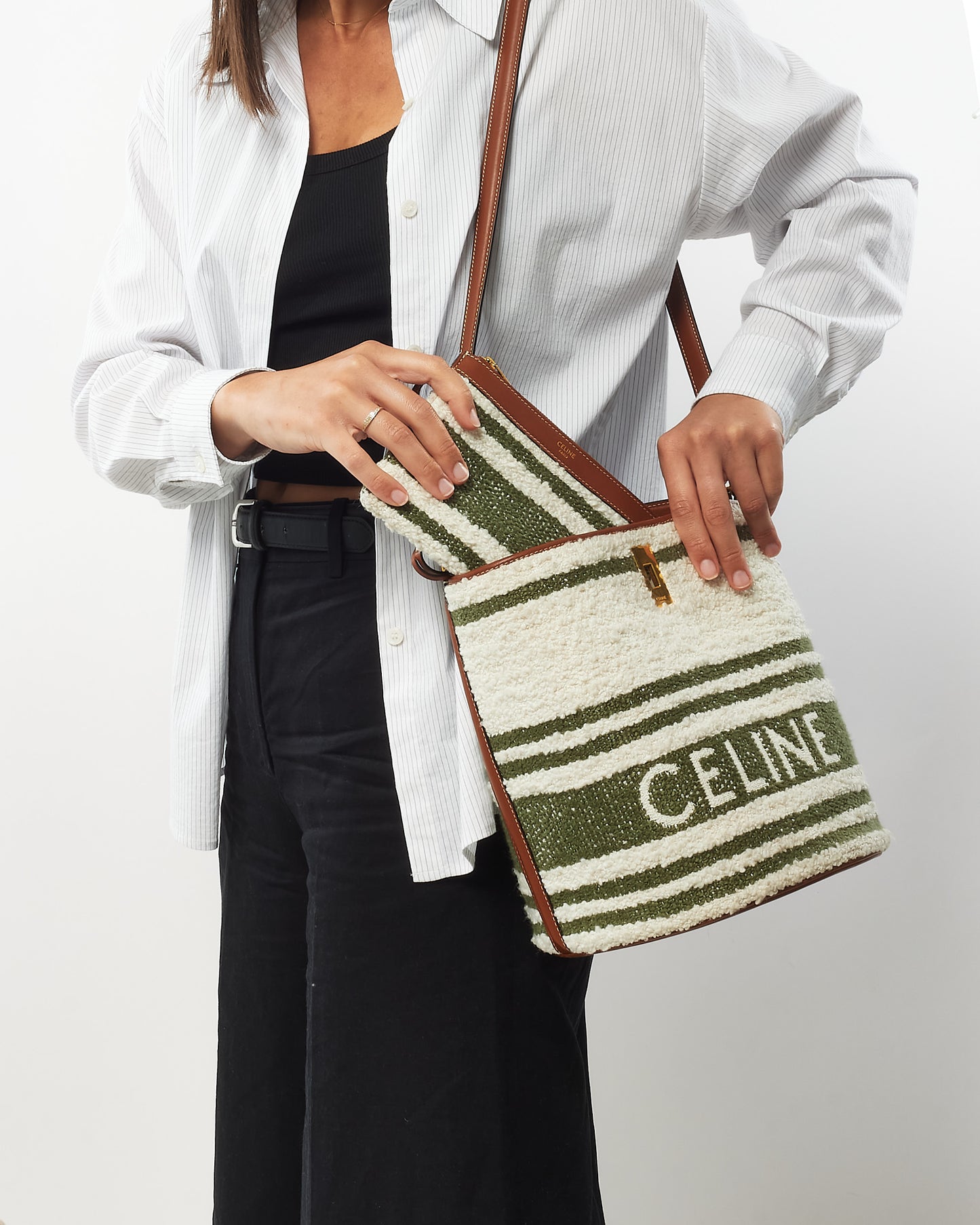 Celine Green 
White Striped Tweed and Leather Logo Bucket Seau 16 Bag