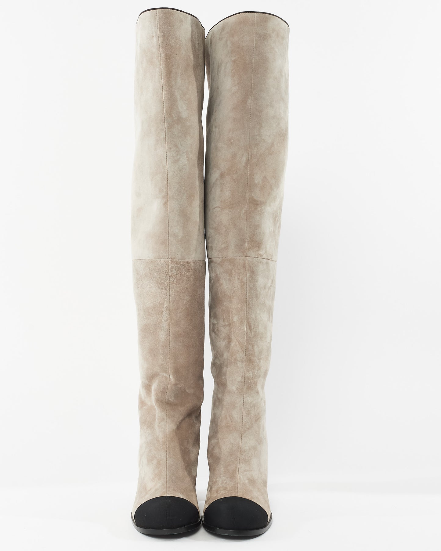 Chanel Grey Suede Over The Knee Cap Toe Boots - 38