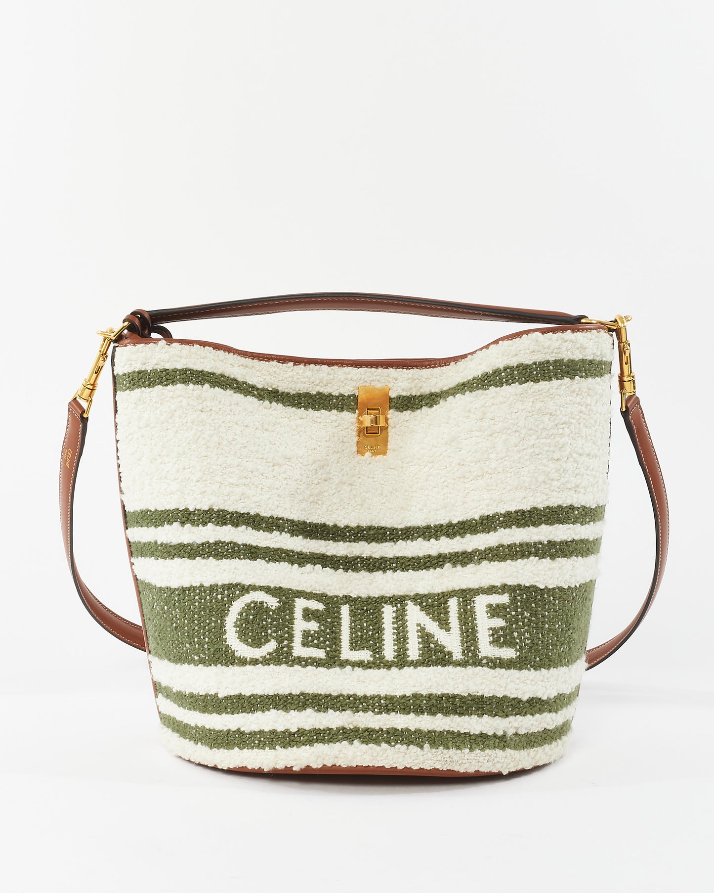 Celine Green 
White Striped Tweed and Leather Logo Bucket Seau 16 Bag