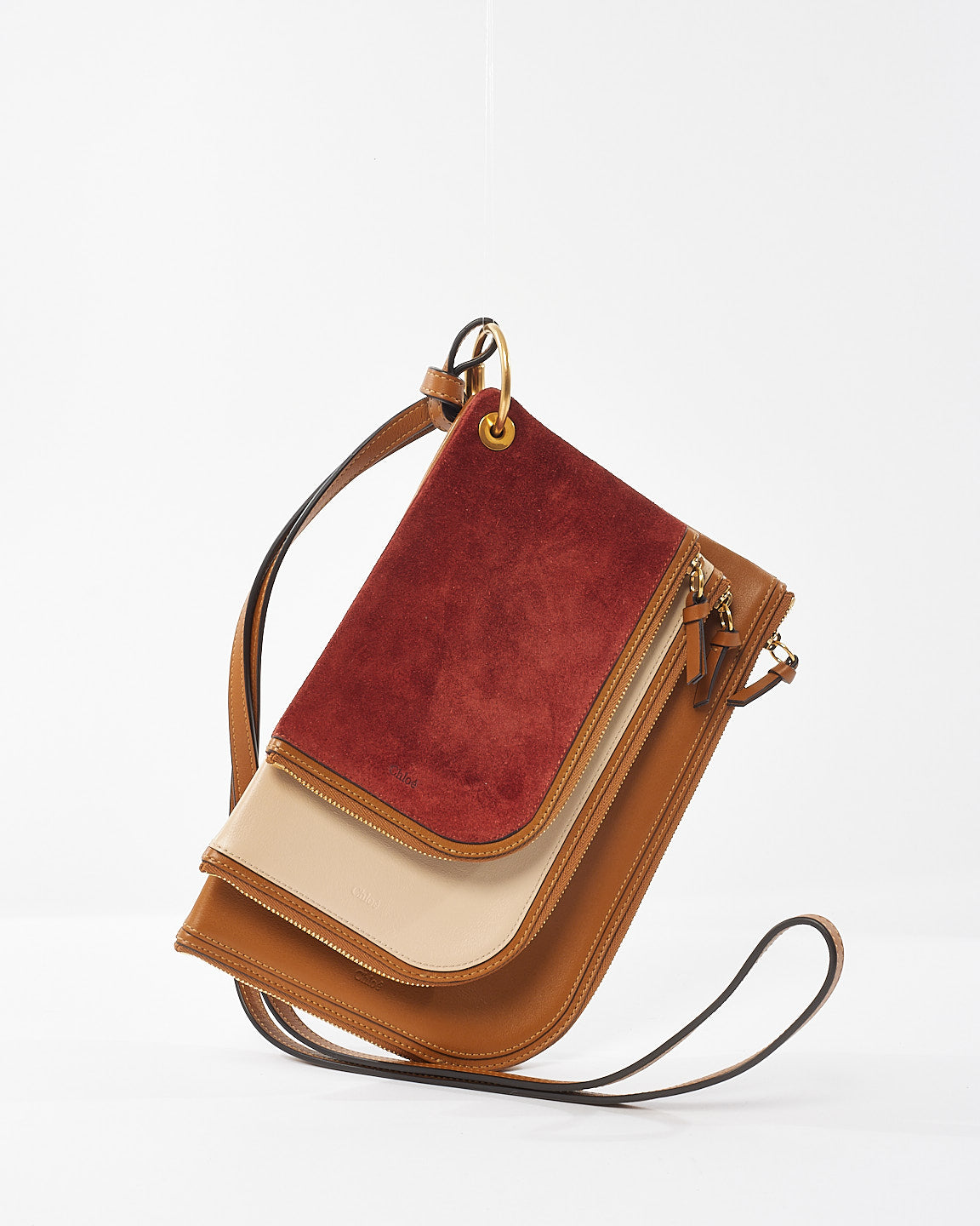 Chloé Tan/ Pink Leather 
Red Suede Trio Pouch Wristlet