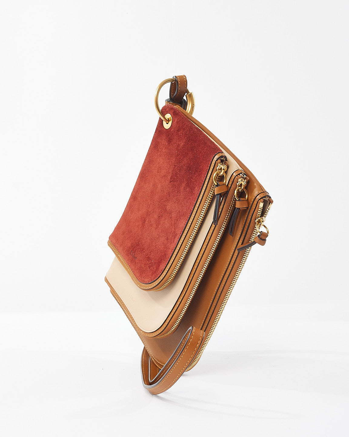 Chloé Tan/ Pink Leather 
Red Suede Trio Pouch Wristlet