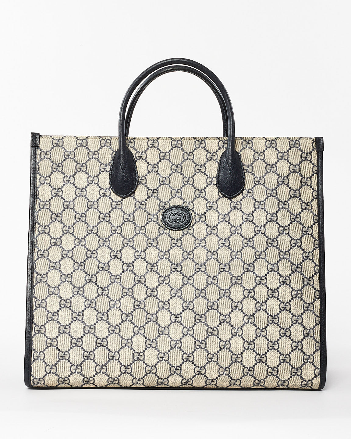 Gucci Navy 
Beige Monogram GG Coated Canvas Medium Tote Bag w/ Web Strap