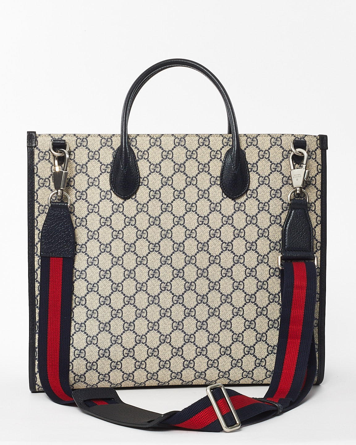 Gucci Navy 
Beige Monogram GG Coated Canvas Medium Tote Bag w/ Web Strap