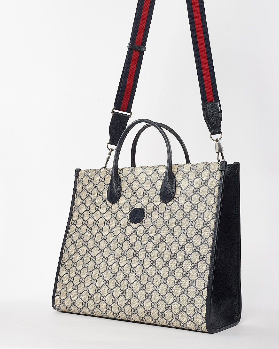 Gucci Navy 
Beige Monogram GG Coated Canvas Medium Tote Bag w/ Web Strap