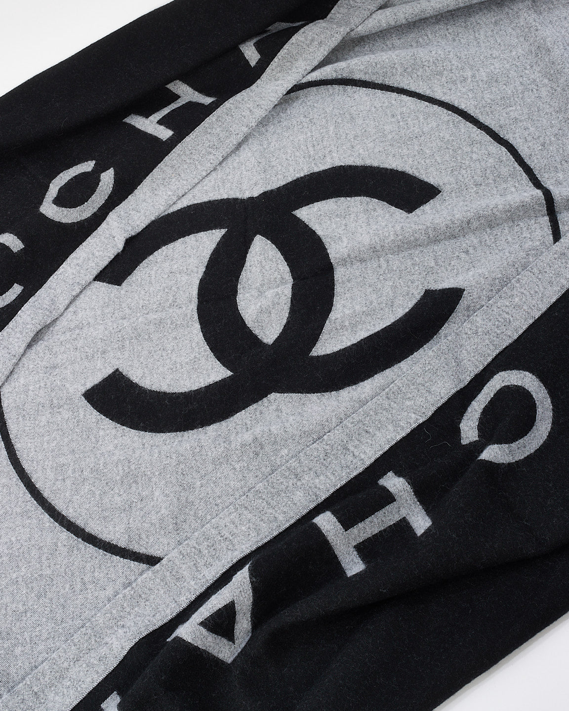 Chanel Black 
Grey Logo Wool Blanket