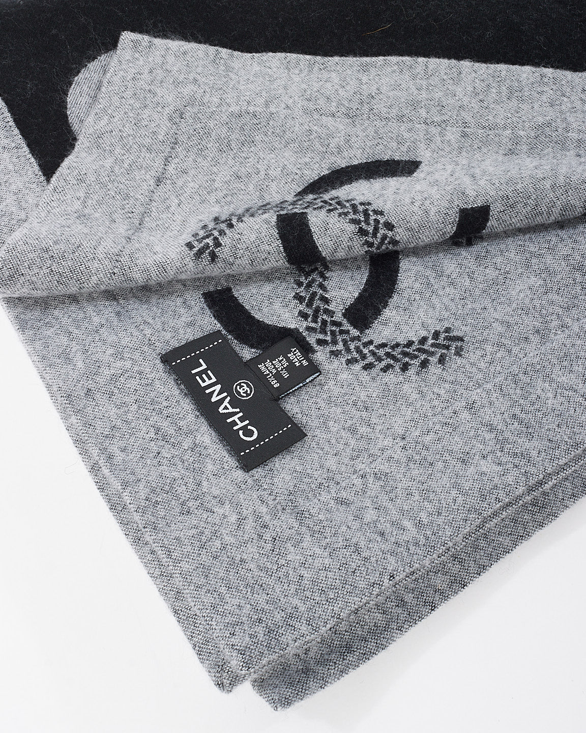 Chanel Black 
Grey Logo Wool Blanket