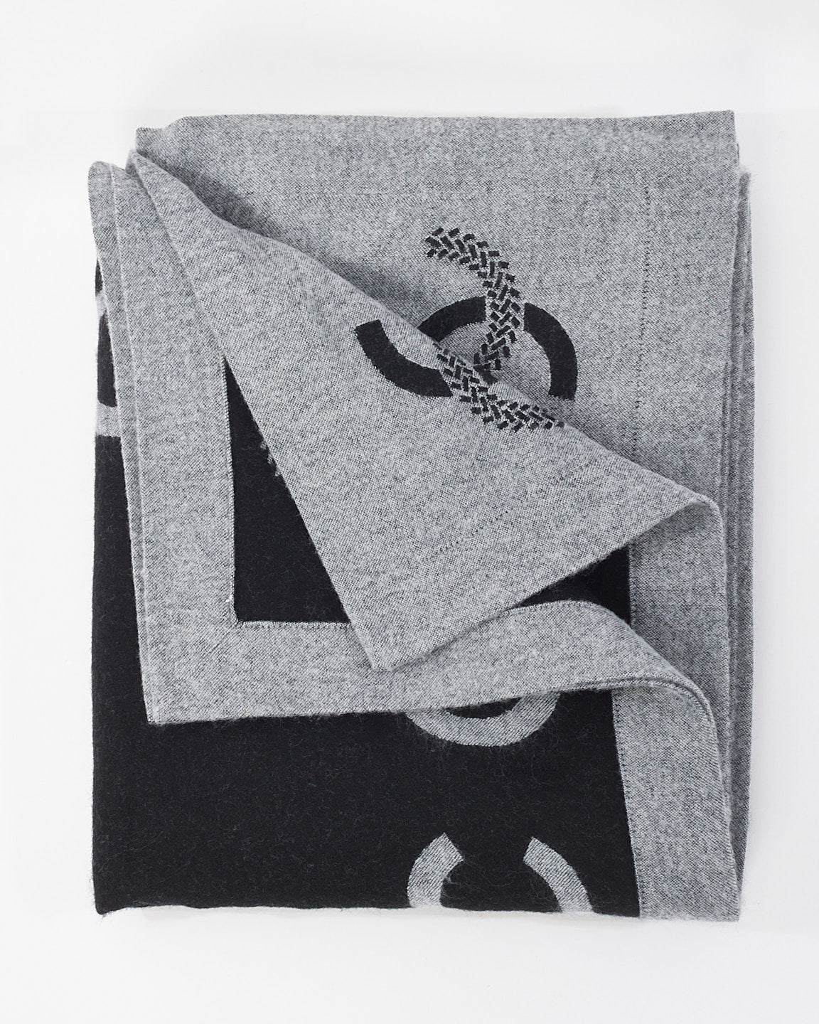 Chanel Black 
Grey Logo Wool Blanket