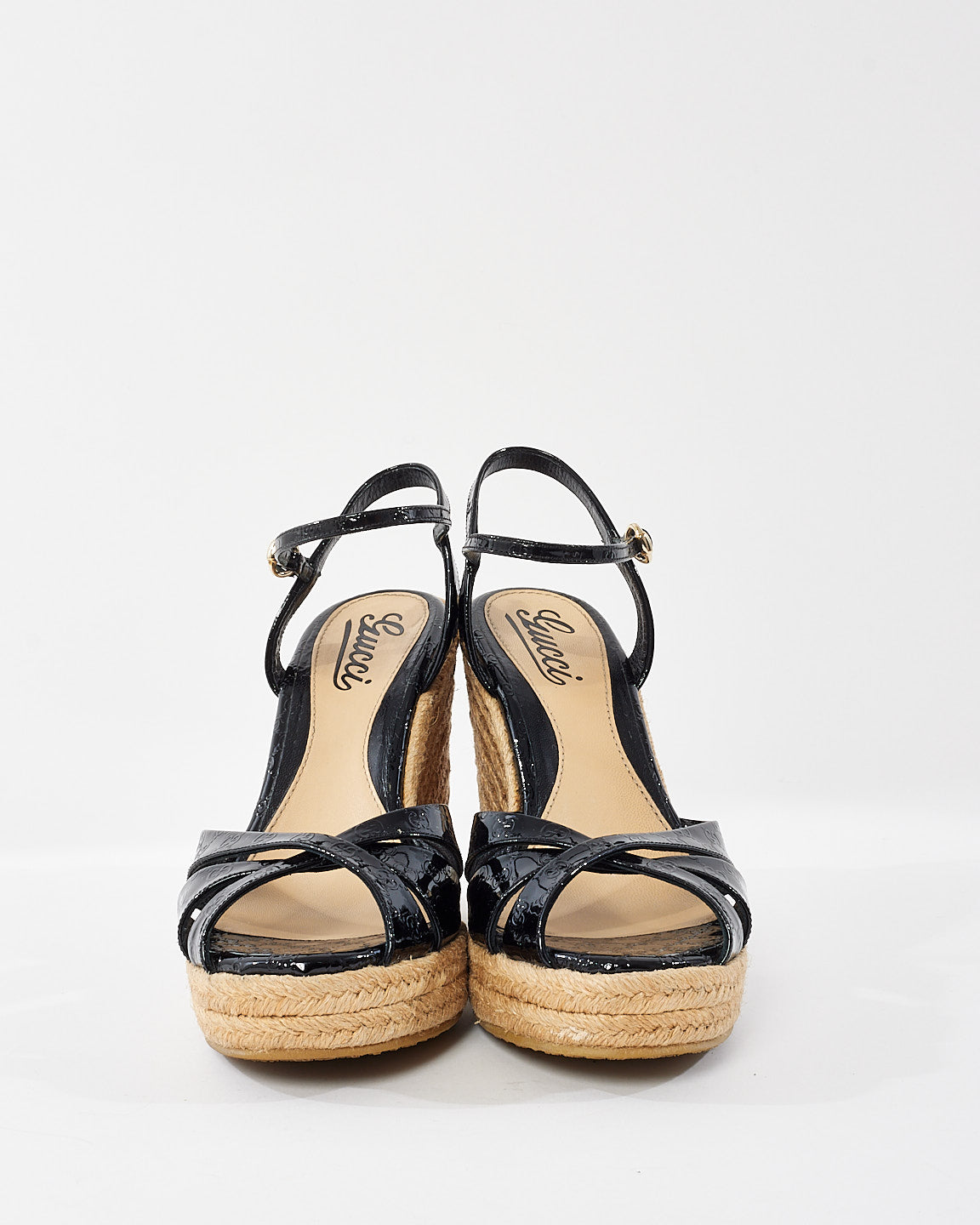 Gucci Black Monogram Patent Leather 
Espadrille Wedge Sandals - 37.5