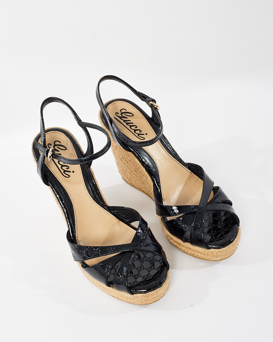 Gucci Black Monogram Patent Leather 
Espadrille Wedge Sandals - 37.5