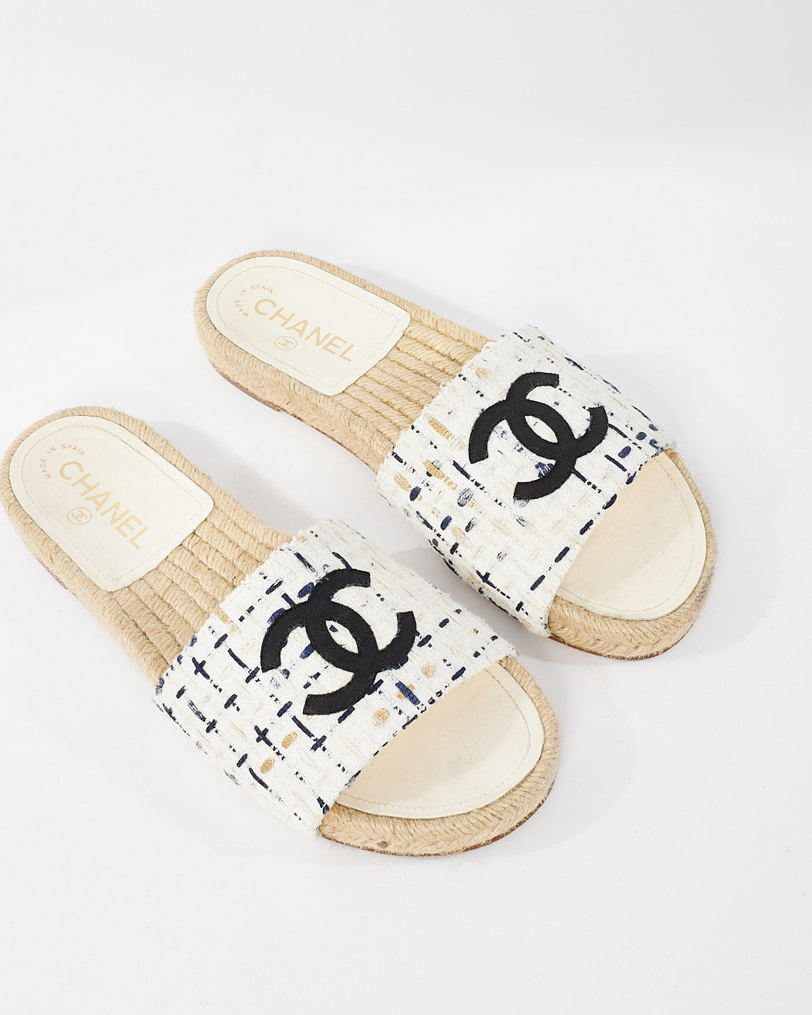 Chanel White Navy 
Gold Tweed Logo Espadrille Sandals - 38