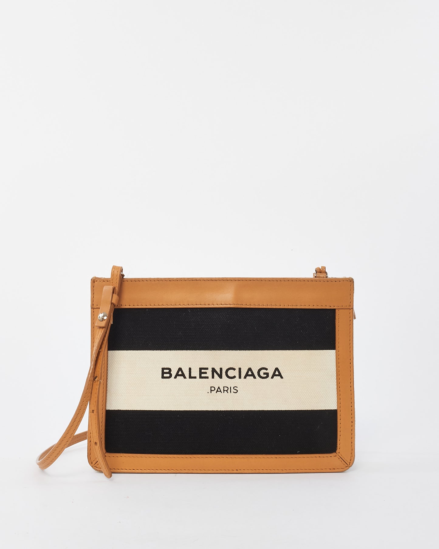 Balenciaga Black 
White Canvas Logo Pochette Shoulder Bag