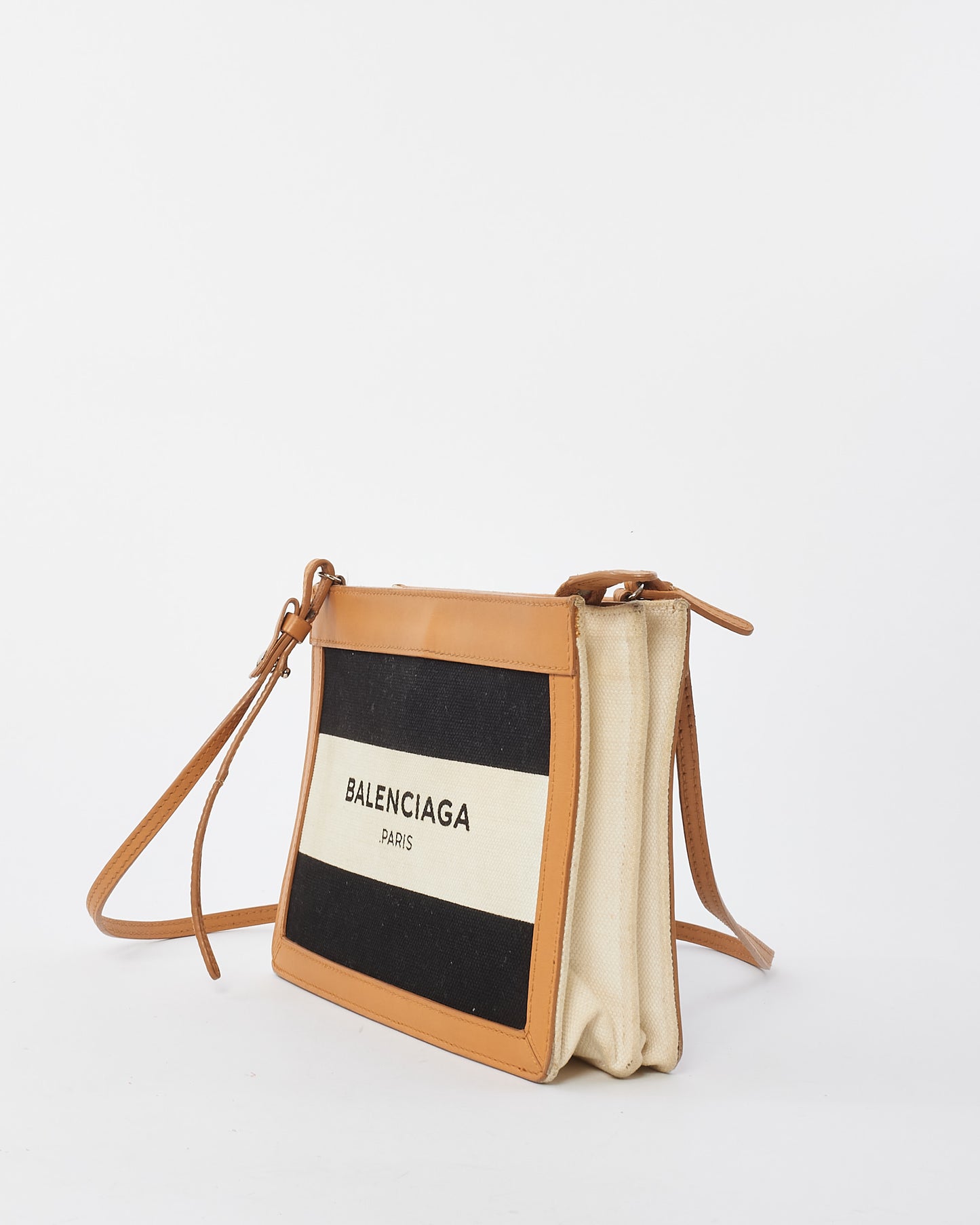 Balenciaga Black 
White Canvas Logo Pochette Shoulder Bag