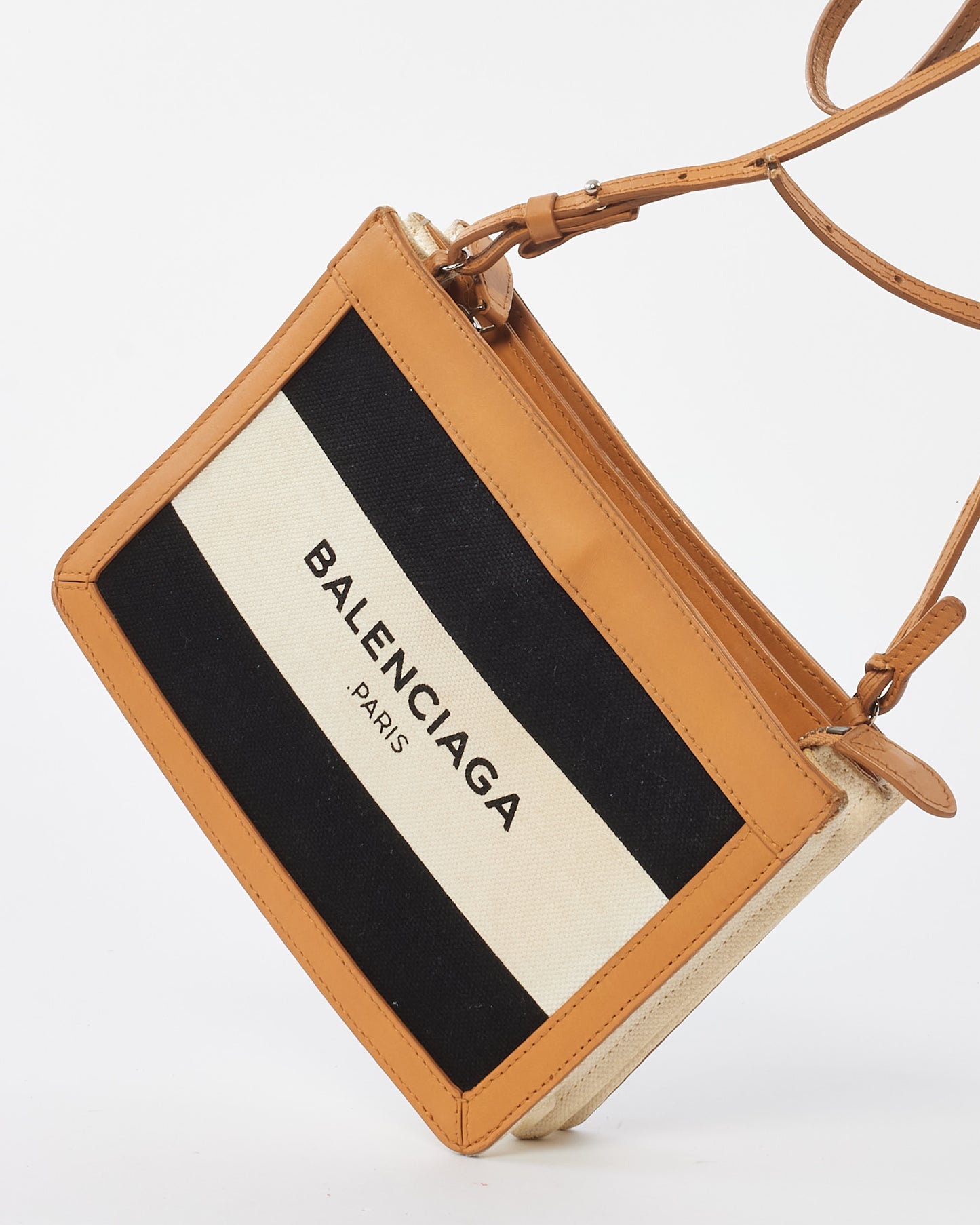 Balenciaga Black 
White Canvas Logo Pochette Shoulder Bag