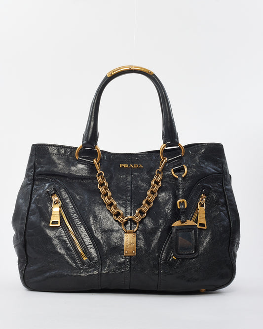 Prada Vintage Black Leather 
Gold Zipper Detail Shoulder Bag