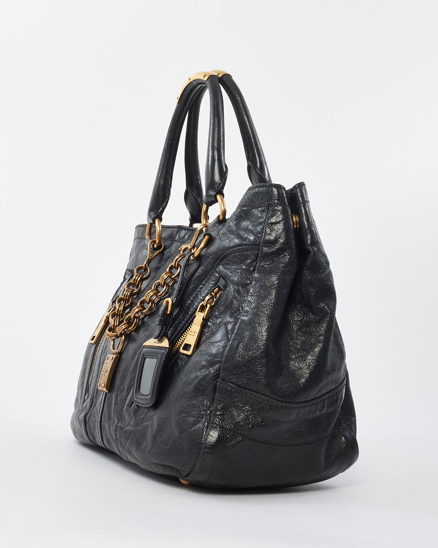 Prada Vintage Black Leather 
Gold Zipper Detail Shoulder Bag