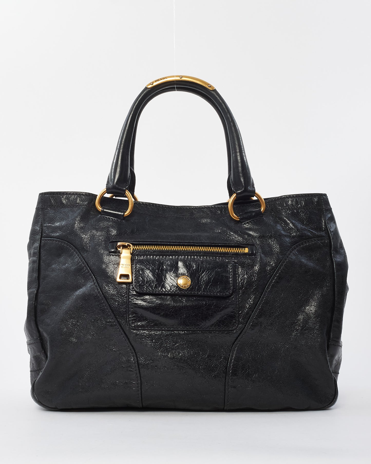 Prada Vintage Black Leather 
Gold Zipper Detail Shoulder Bag